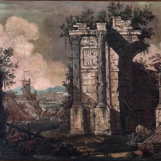 Caprice architectural aux ruines antiques en grisaille - Italie 18eme