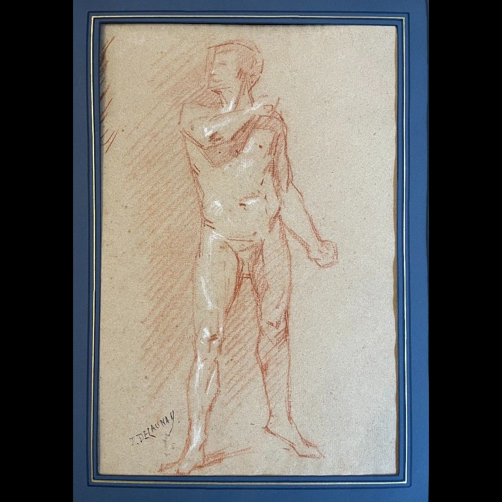 J. delaunay. académie d’homme. dessin à la sanguine xixème.