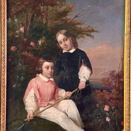 Portrait en pied d’enfants - la chasse aux papillons - toile xixème