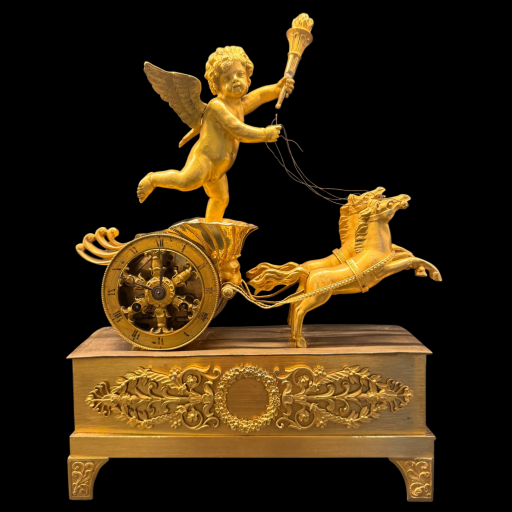 Pendule empire "char de l'amour" en bronze doré - cupidon