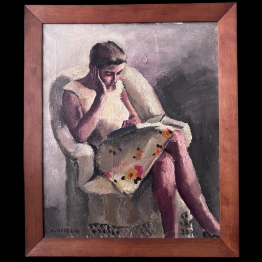 Maurice asselin - jeune femme à la lecture - huile sur toile