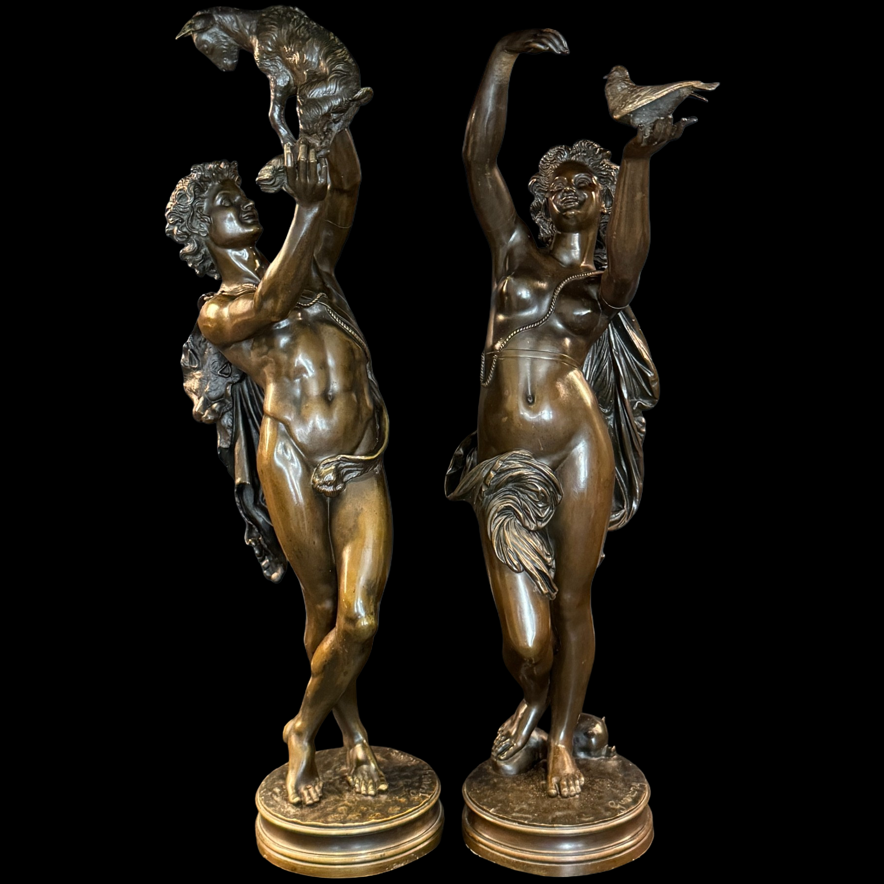 Paire de sculptures en bronze "faune au chevreau" & "femme à la colombe" ch. gumery