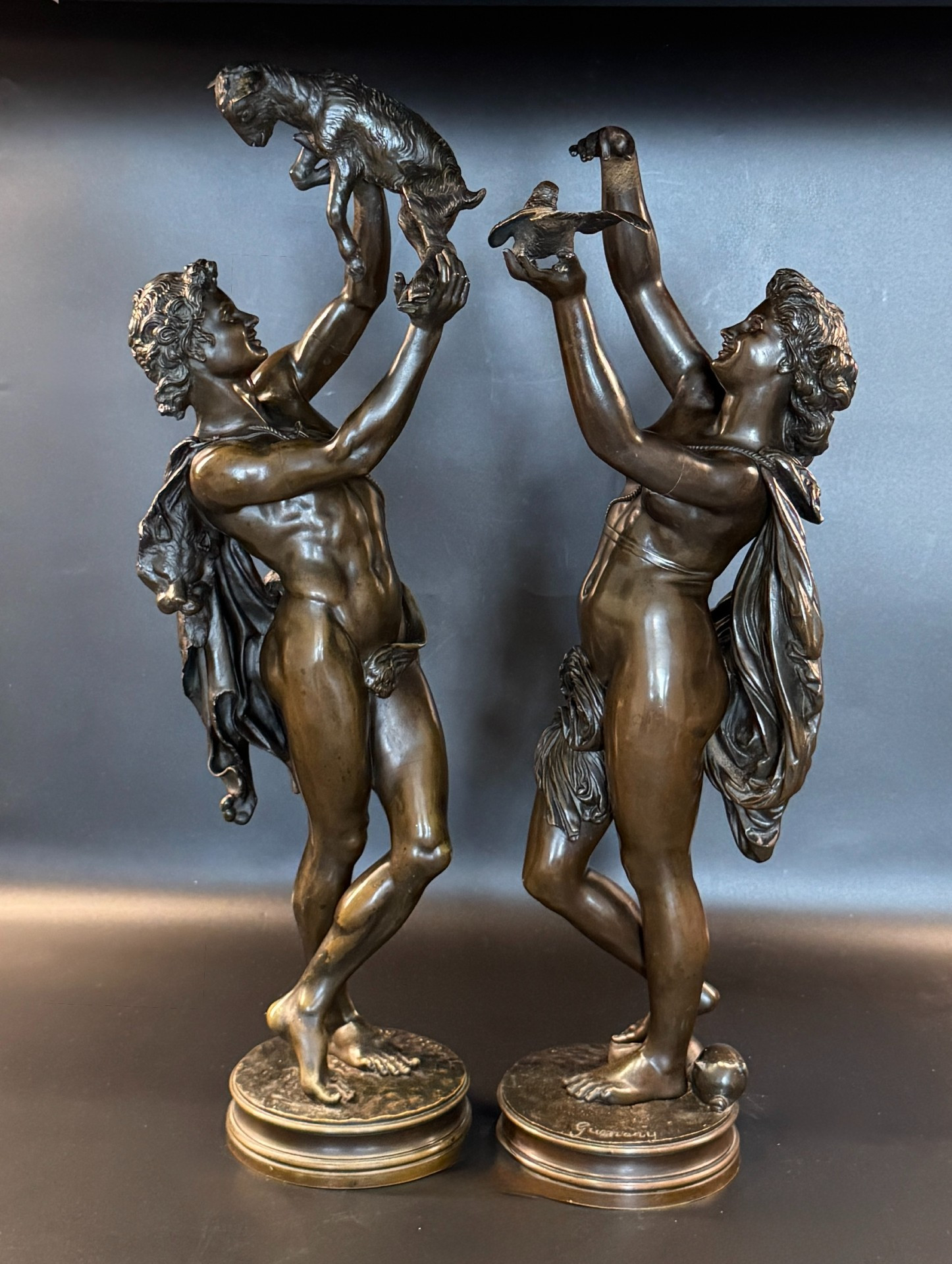 Paire de sculptures en bronze "faune au chevreau" & "femme à la colombe" ch. gumery – Image 2