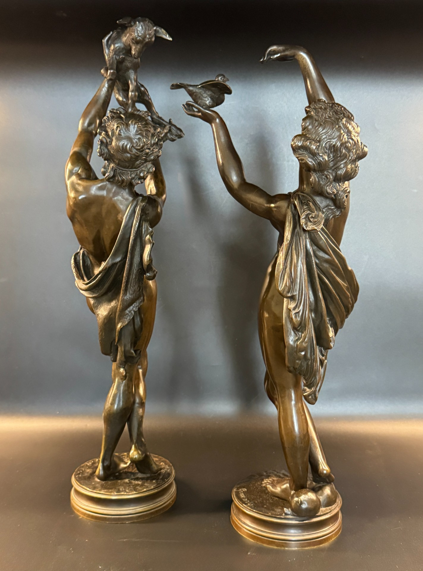 Paire de sculptures en bronze "faune au chevreau" & "femme à la colombe" ch. gumery – Image 4