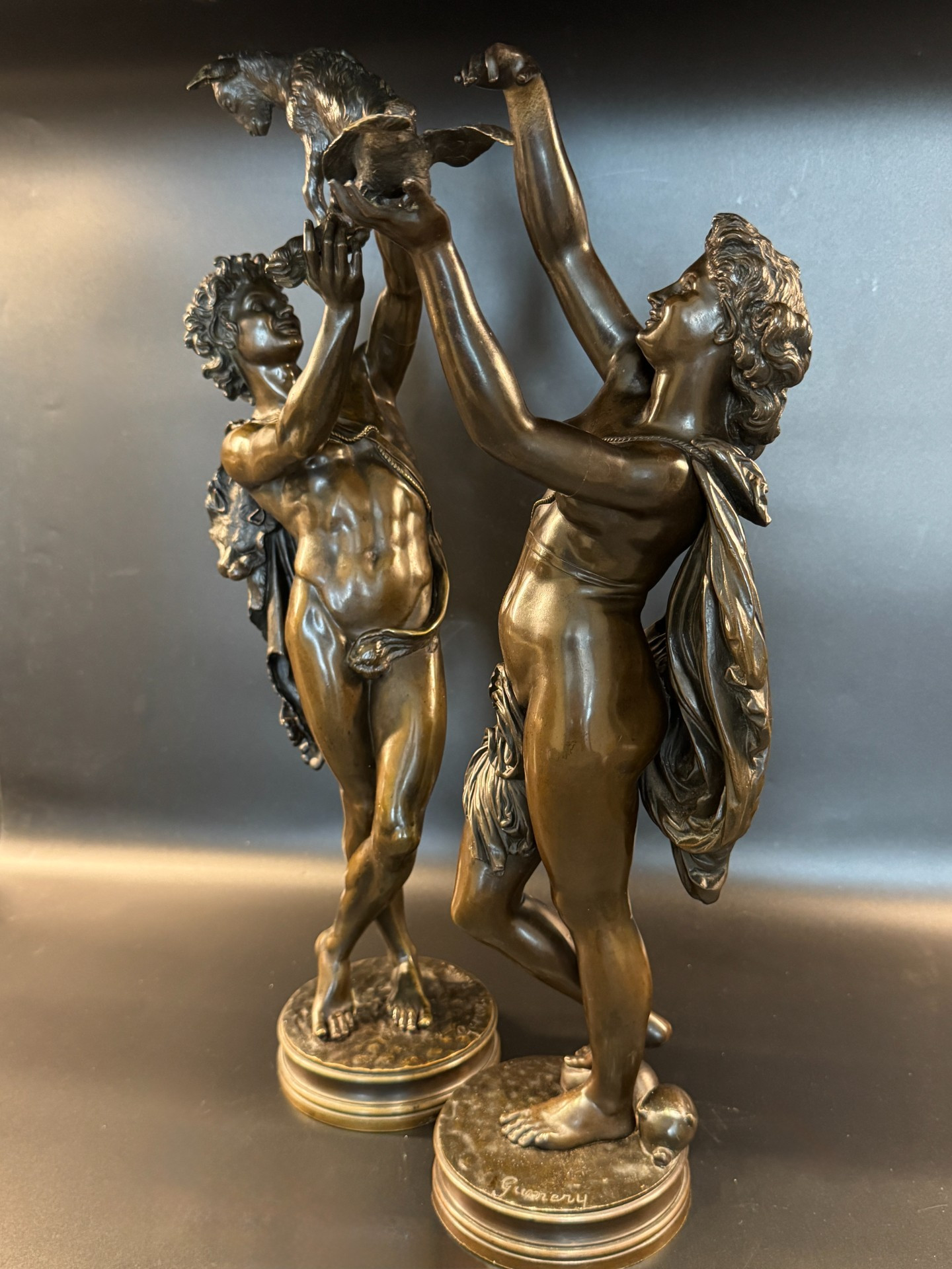 Paire de sculptures en bronze "faune au chevreau" & "femme à la colombe" ch. gumery – Image 3