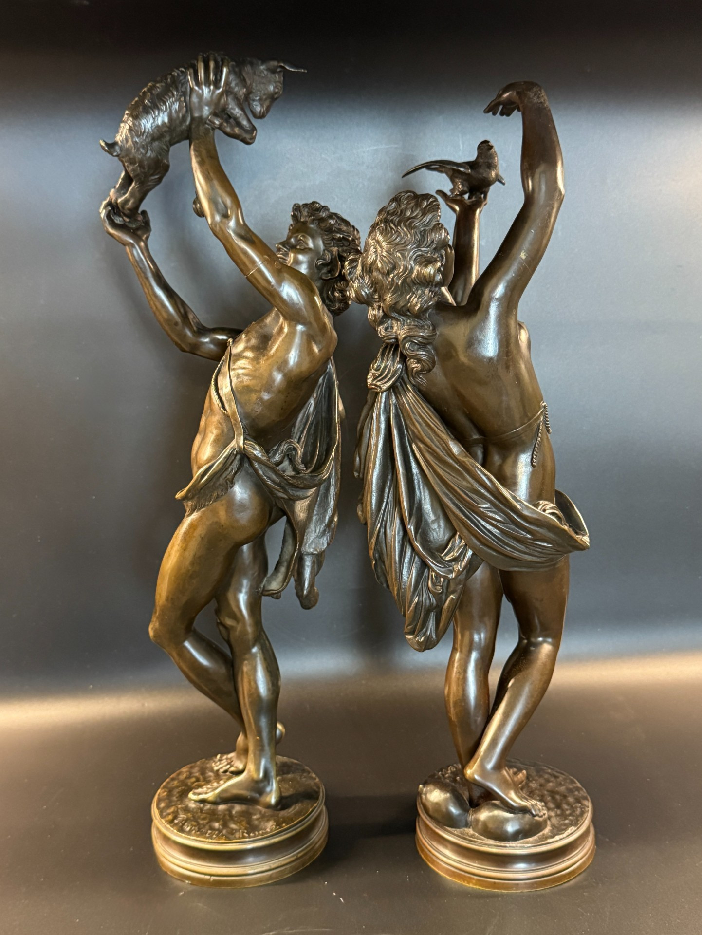 Paire de sculptures en bronze "faune au chevreau" & "femme à la colombe" ch. gumery – Image 5
