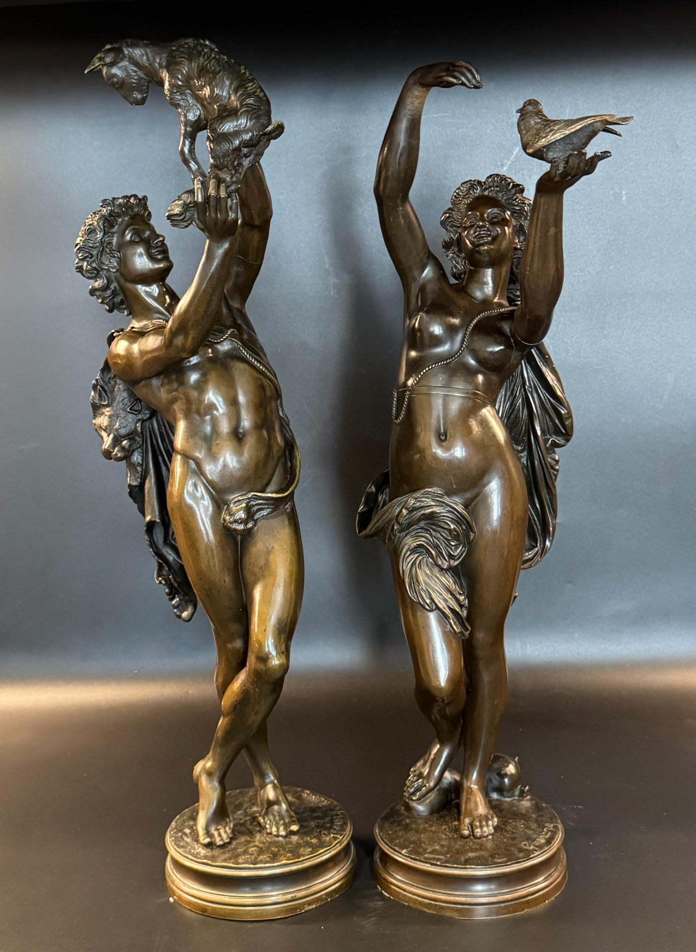 Paire de sculptures en bronze "faune au chevreau" & "femme à la colombe" ch. gumery – Image 7
