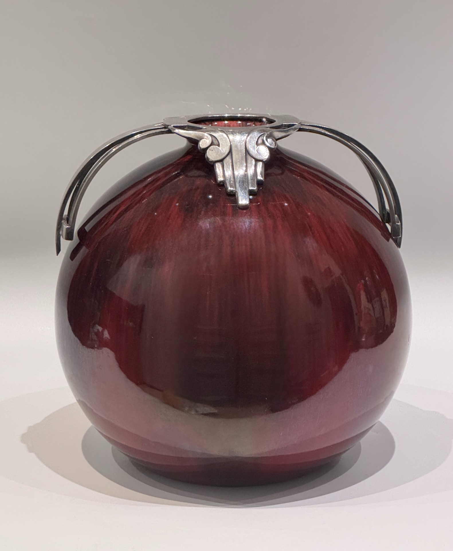 Vase boule sang de bœuf flammé - bronze argenté artdéco - paul milet à sevres – Image 4