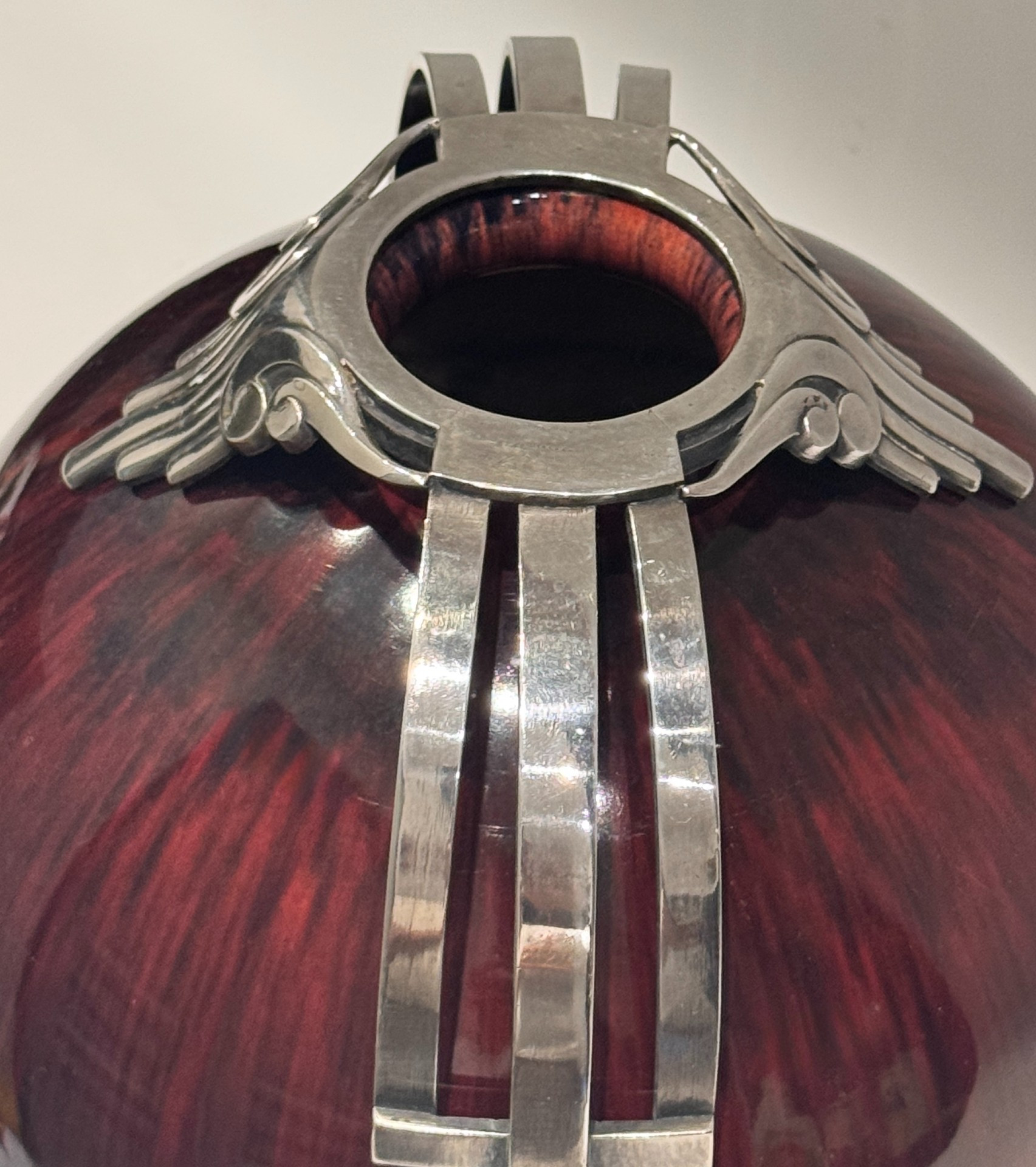 Vase boule sang de bœuf flammé - bronze argenté artdéco - paul milet à sevres – Image 5