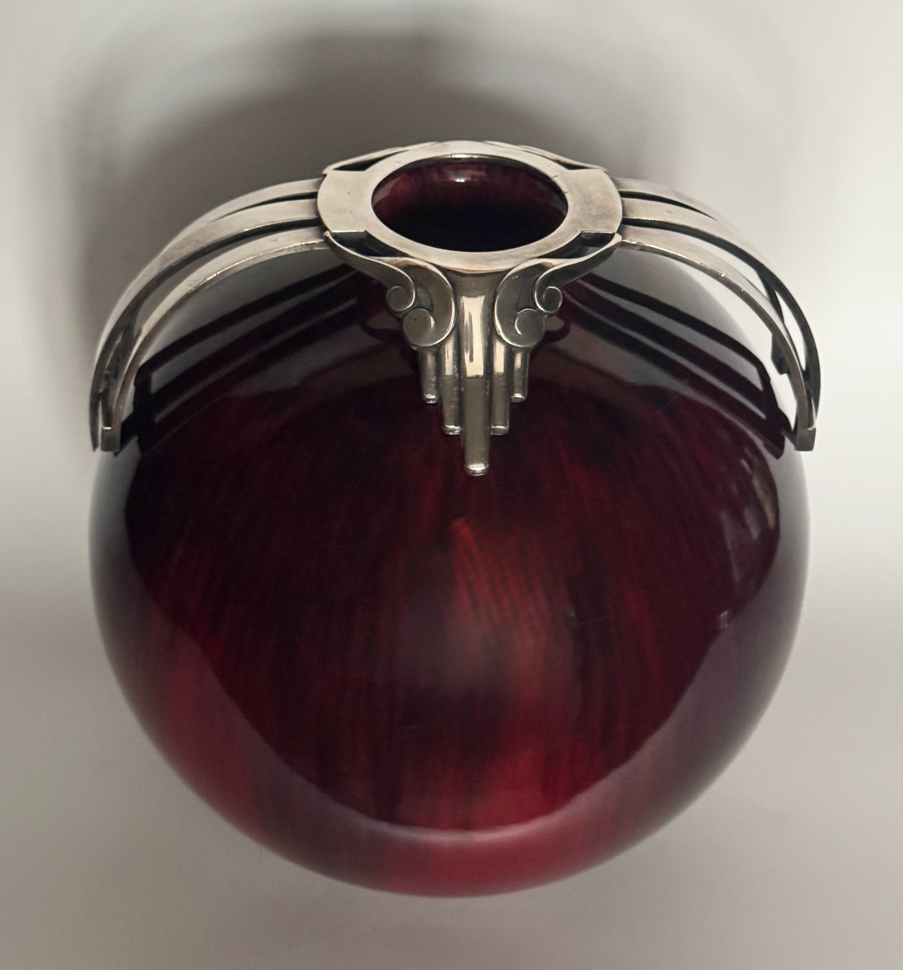 Vase boule sang de bœuf flammé - bronze argenté artdéco - paul milet à sevres – Image 8